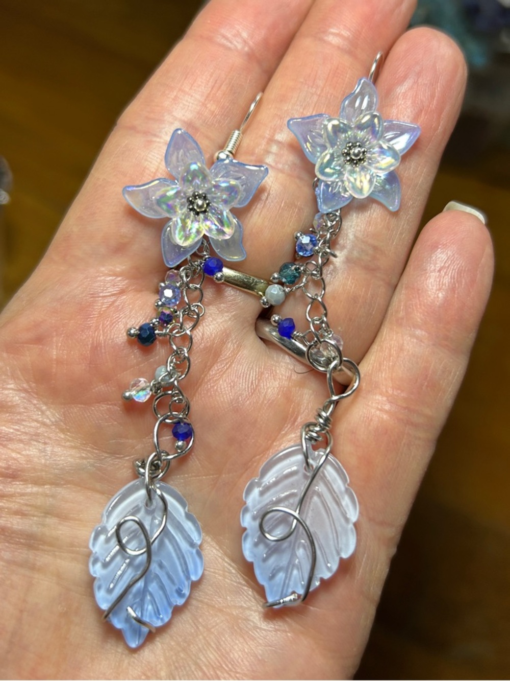 3/$25 Iridescent Blue Flower & Leaf Dangle Earrings